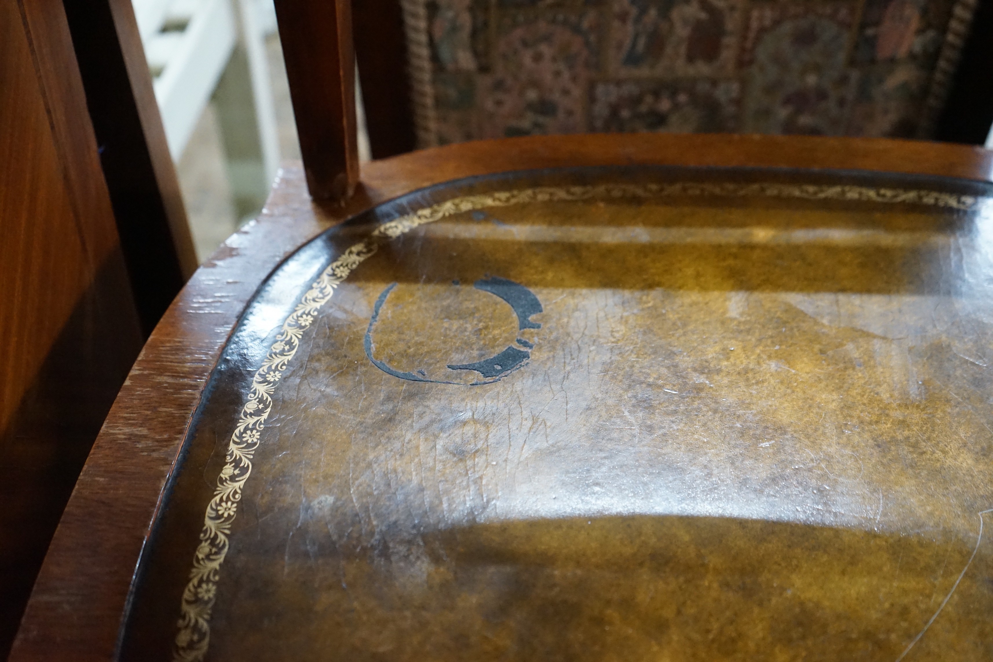 Two reproduction leather topped mahogany bedside tables, width 56cm, depth 56cm, height 57cm